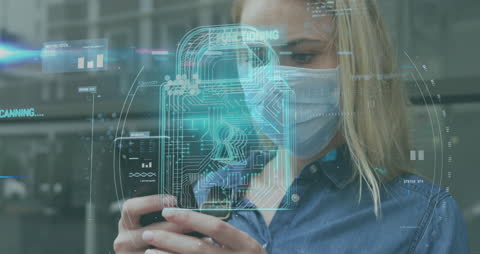 Masked Woman Using Smartphone Amid Digital Data Streams