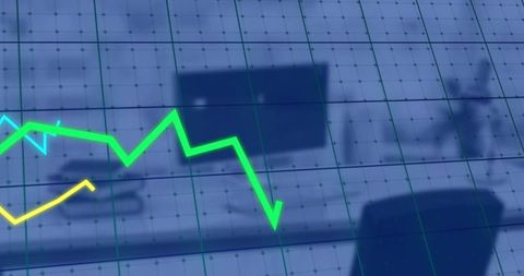 Neon Green Line Graph Overlaying Workstation Showing Data Decline on Futuristic Dashboard