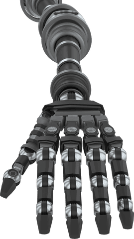 Close up of a metal robotic hand on transparent background