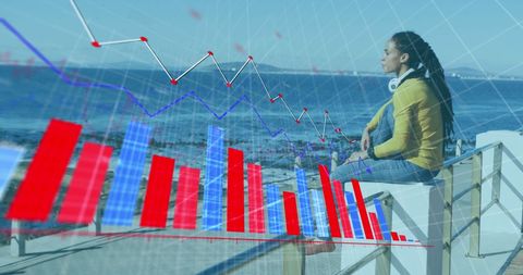 Double Exposure Woman Analyzing Statistical Data Seaside