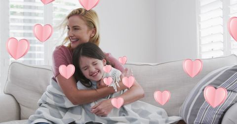 Mother Hugging Daughter with Floating Hearts - Download Free Stock Images Pikwizard.com
