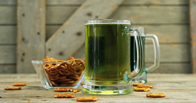 Mug of green beer sitting on a rustic wooden table next to a bowl of pretzels. Ideal for celebrating St. Patrick's Day, pub promotions, festive events, and advertisements for bars or restaurants. Emphasizes festive atmosphere and casual gatherings.