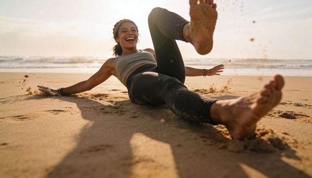 Laughing woman playing on beach, kicking sand at golden hour, active fitness lifestyle