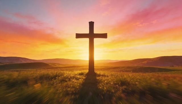 Solitary wooden cross standing against golden sunset over rolling meadow with sun halo, long shadow