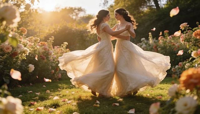 Two brides twirling in lace wedding gowns in rose garden at golden hour with rose petals