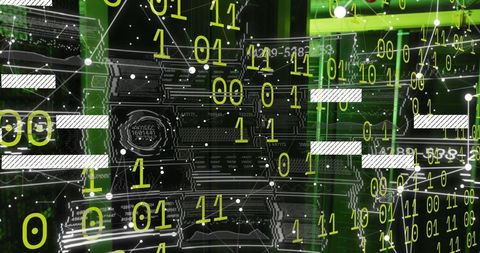 Digital interface concept in server room with data overlay