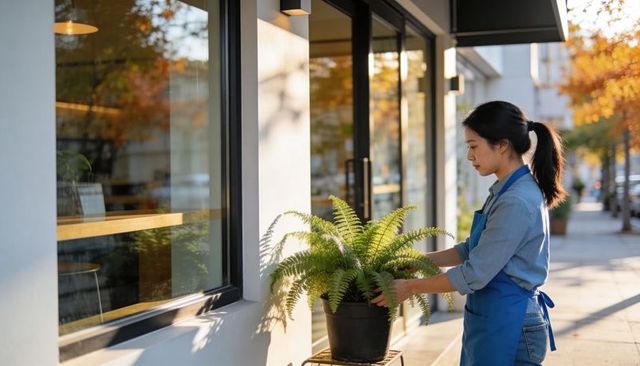 Tending potted fern at sunset by female shop worker outside urban storefront, golden hour