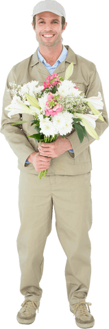 smiling delivery man holding bouquet standing transparent background - Download Free Stock Videos Pikwizard.com
