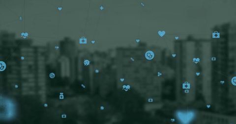 Digital Health Icons Over Urban Skyline Highlighting Networking