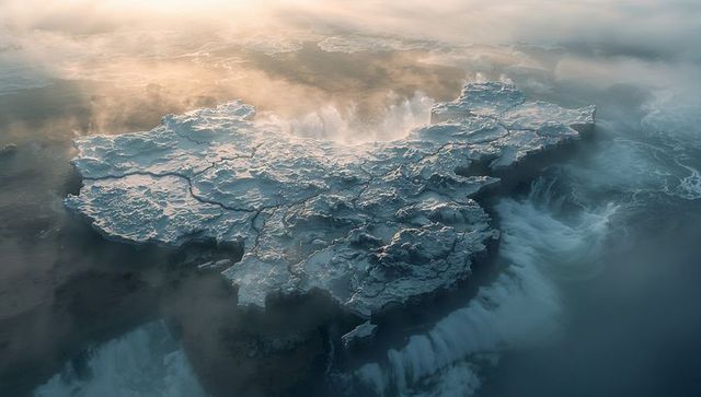 Fantasy rocky island shaped like china amidst misty cascading waterfalls