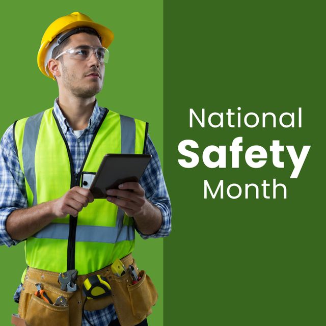 This image showcases a caucasian male worker wearing protective gear and using a tablet, emphasizing National Safety Month. Suitable for promoting workplace safety programs, industrial safety campaigns, and related educational materials.