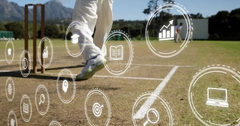 Cricketer on Pitch with Overlaid Digital Analytics Icons