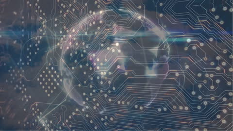 Digital Circuit Board with Abstract Globe and Cloudy Sky