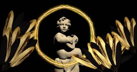 Abstract art with cupid sculpture and decorative leaves