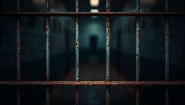 Rusty Metal Bars in Dimly Lit Prison Corridor Macro View