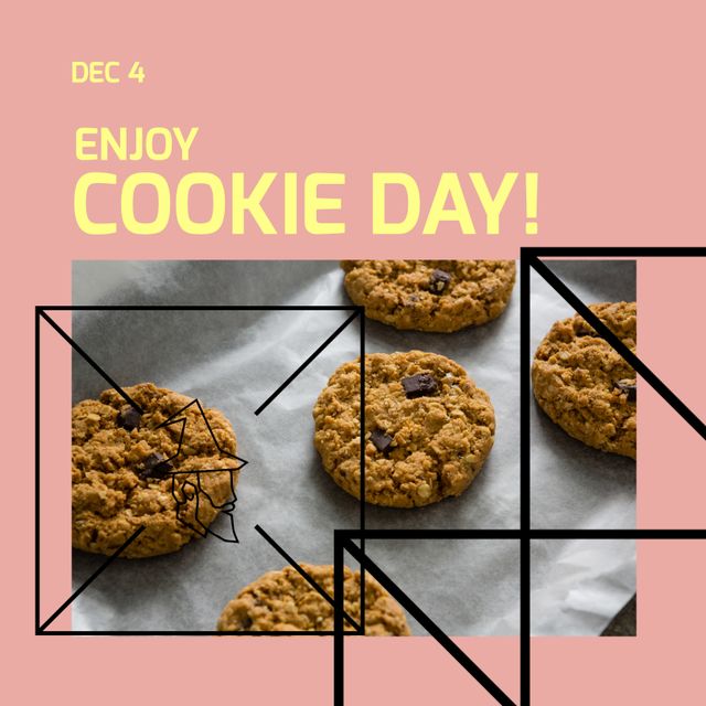 Composition of enjoy cookie day text over cookies on pink background. Cookie day concept digitally generated image.