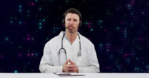 Telemedicine doctor consulting with headset and digital background