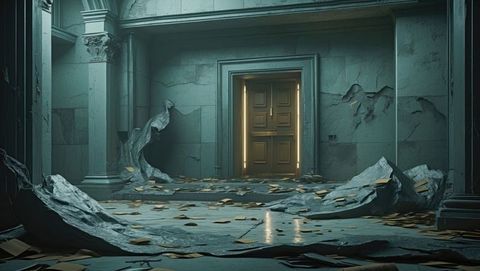 Mysterious Illuminated Hallway with Double Doors in Mansion