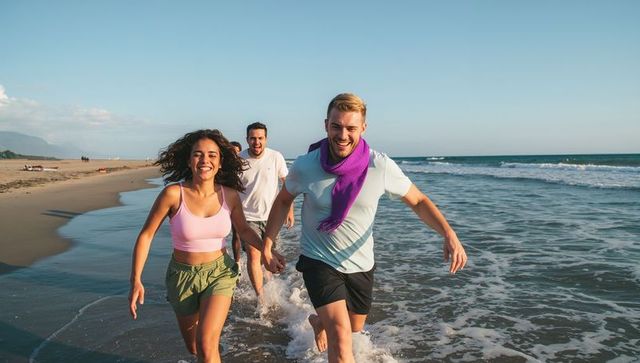 Carefree friends running barefoot along sunny beach, splashing waves and laughing together