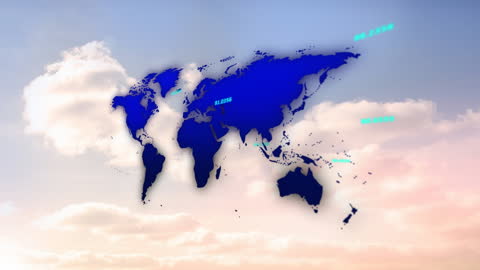Digital World Map Against Cloudy Sky Backdrop