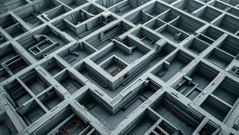 Geometric maze of concrete structures with industrial design elements