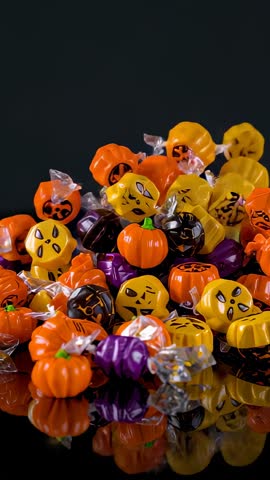 Vertical Halloween Candy Heap Bouncing and Rolling on Reflective Black Tabletop