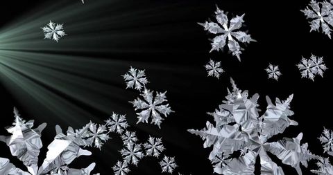 Abstract Silver Snowflakes with Light Trails on Black Background