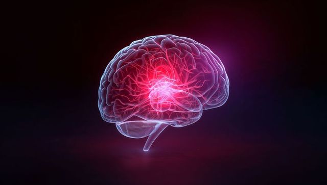 Floating Glowing 3D Brain Hologram with Neural Pathways and Magenta Core