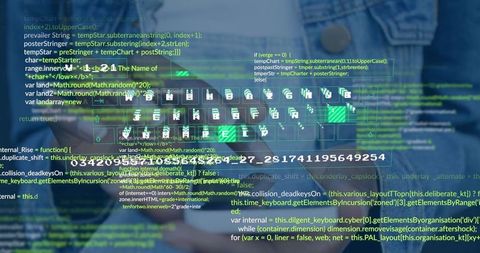Software developer interacting with floating code and icons