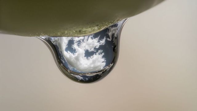 Sky reflecting in single water droplet on leaf showing inverted clouds and shoreline