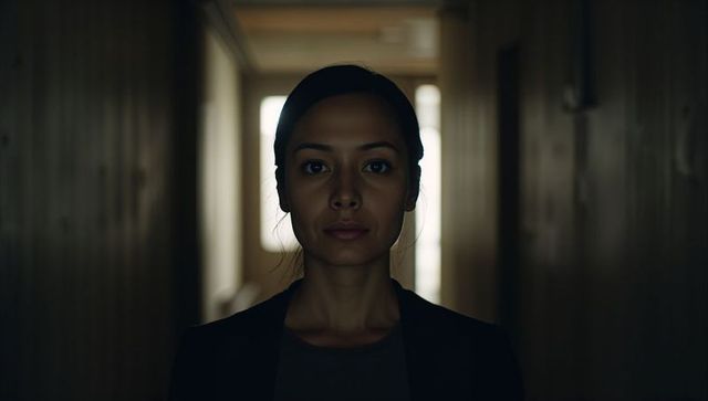 Backlit woman standing in dim wood-panel hallway, formal blazer, intense expression