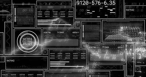 Monochrome Cyber Data Interface Showing Circular Gauge, Waveform Plots and Matrix Grids
