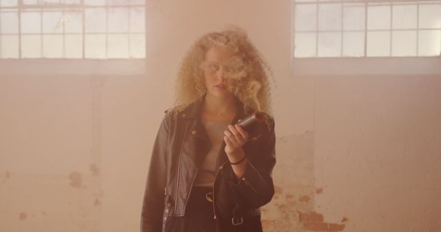 Woman in Leather Jacket Holding Smoking Device in Indoor Setting - Download Free Stock Images Pikwizard.com