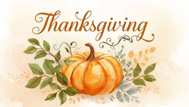 Watercolor pumpkin featuring thanksgiving script and autumn foliage floral wreath