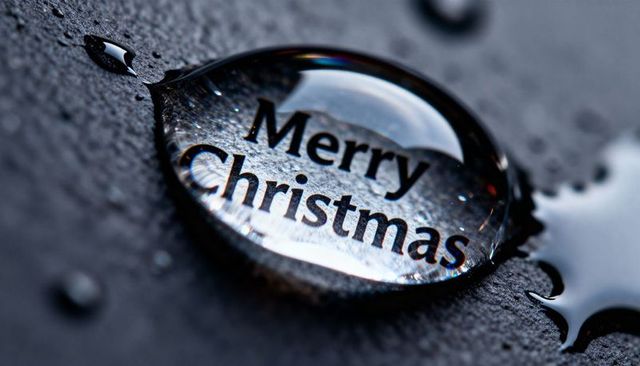 Macro water droplet magnifying merry christmas text on dark textured background
