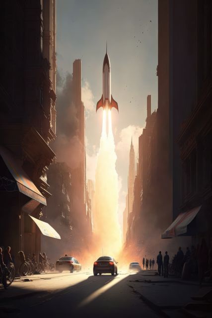 Spaceship taking off with flames over street with cars, created using generative ai technology. Space travel and outer space concept digitally generated image.