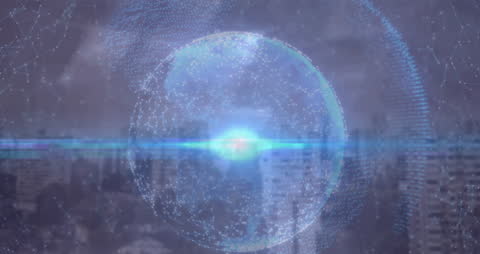 Digital Data Processing on Cityscape with Globe Overlay