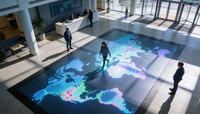 Walking across interactive led world map floor in corporate lobby reception