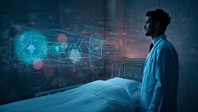 Doctor examining holographic medical interface above empty hospital bed for ai diagnostics