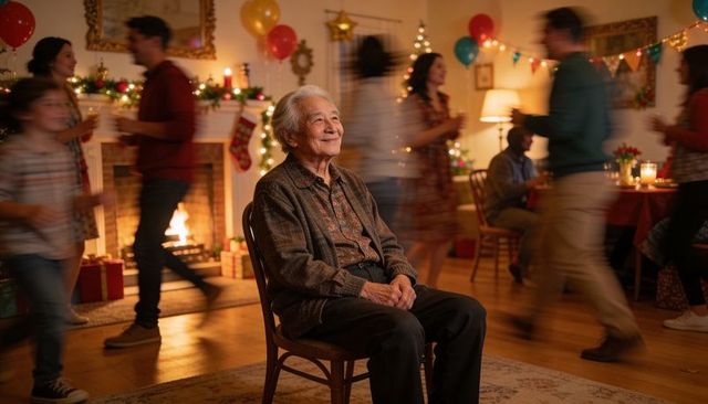 Senior asian man smiling while watching festive family holiday gathering by fireplace