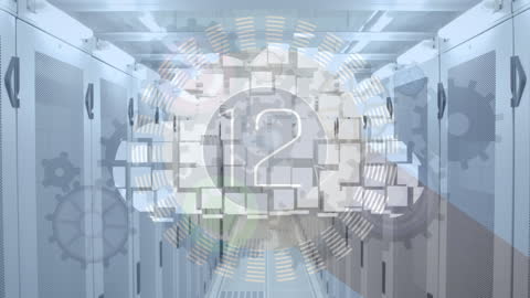 Countdown with Cloud Icon and Turning Cogs in Data Center