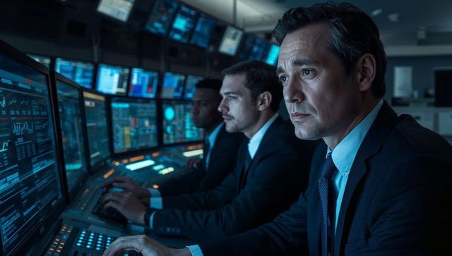 Operations center team analyzing data on multiple screens