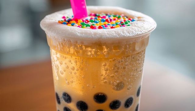 Close-up bubble tea featuring frothy foam, colorful candy sprinkles and black tapioca pearls