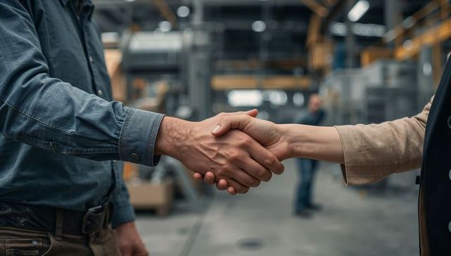 Business handshake on factory floor showing partnership and agreement between colleagues
