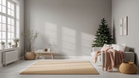 Minimal scandinavian living room featuring grey sofa draped in blush throw and christmas tree