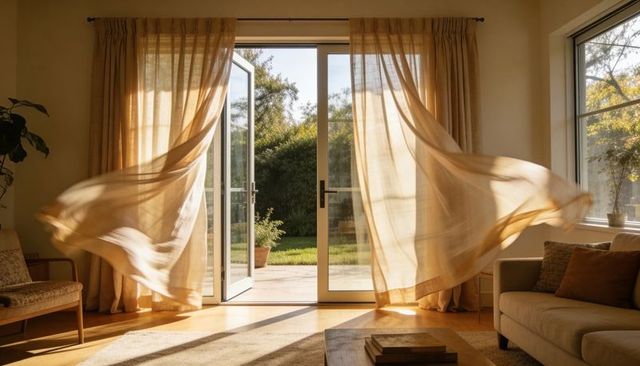 Sunlit living room with billowing sheer curtains revealing open glass doors to patio