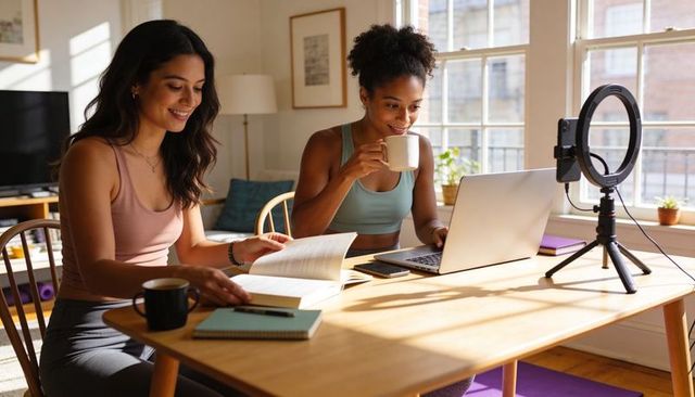 Sunlit home coworking: two women collaborating in activewear with laptop and ring light