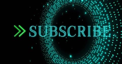 Futuristic neon subscribe call-to-action with pulsing cyan particle ring and green chevrons