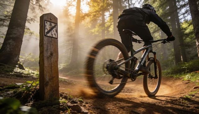 Backlit mountain biker carving forest singletrack on berm with dust and morning sunbeams