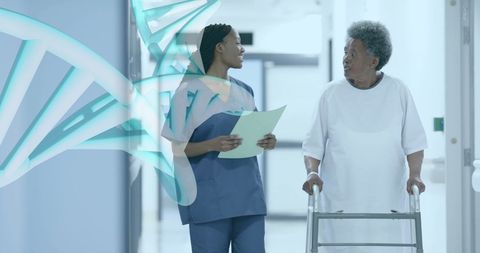 Nurse Consulting Elderly Patient with Walker in Hospital